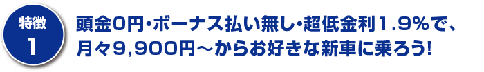 頭金０円・ボーナス払い無し・超低金利1.9％で、月々9,900～からお好きな新車に乗ろう！